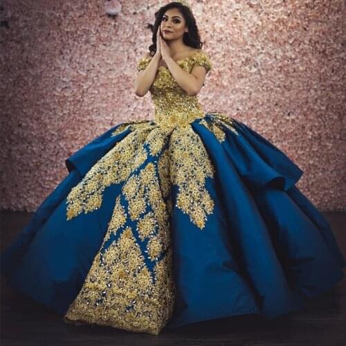 Princess Blue Ball Gown Quinceanera Dresses Off Shoulder Lace up Back Sweep Train Appliques Beads Prom Party Gowns for Sweet 15