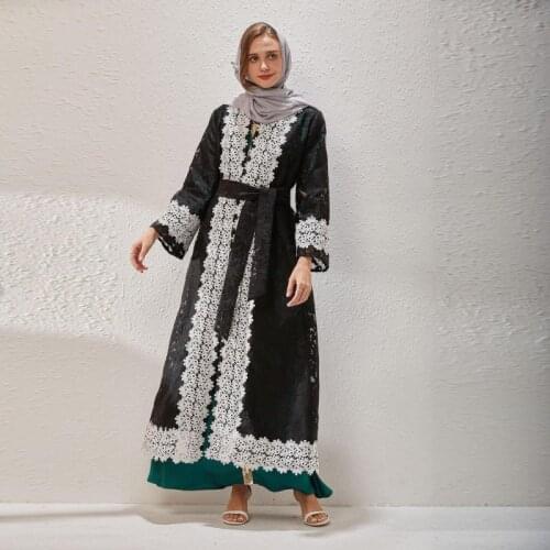 Dubai Middle East Muslim Womens Clothing Lace Embroidered Jacket Robe Summer New Product Temperament Wild Black Cardigan Jacket