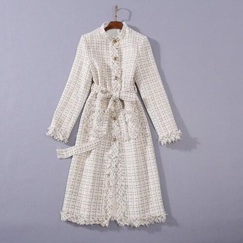 European and American womens wear 2020 winter new style Long - sleeved elegant buttons lace-up single breasted tweed coat