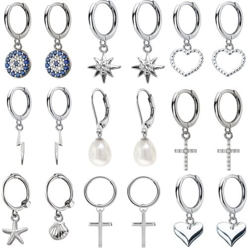 2019 New Small 925 Sterling Silver Hanging Stud Earrings For Women Eye Cross Heart Snake Star Charm Small Studs Earring DA506