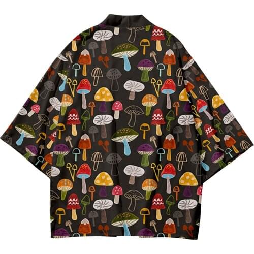 XXS-6XL 2021 Plus Size Mushroom Print Beach Fashion Beach Japanese Kimono Robe Cardigan Men Shirts Yukata Haori Womens Clothing