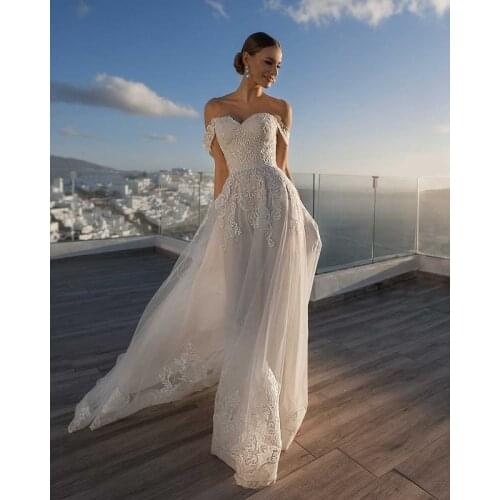 Fivsole Sheath Floor Length Tulle Wedding Dress 2021 Sweetheart Fashion Appliques Bridal Gowns Off The Shoulder Vestido De Noiva