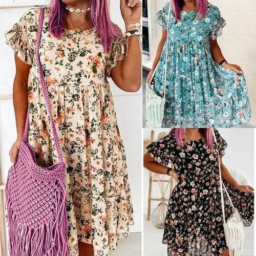 Floral Dress Women 2021 Round Neck Floral Print Short Sleeve Loose Dress Women Plus Size dresses for women