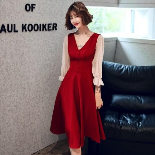 Prom Dresses Elegant vestidos de gala V-neck Seven-quarter Sleeves Tea Length Dress Women Party Night
