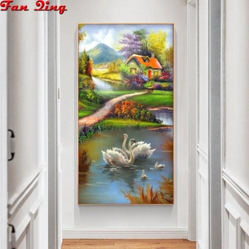 5D Diy Needlework Crafts Diamond Painting Swan Lake and Quiet Rural landscape Diamond Embroidery Home Decoration Painting