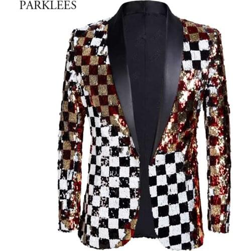 Shiny Square Plaid Sequin Tuxedo Blazer Men One Button Shawl Lapel Mens Party Suit Jacket Wedding Grom Stage Singer Costume 3XL