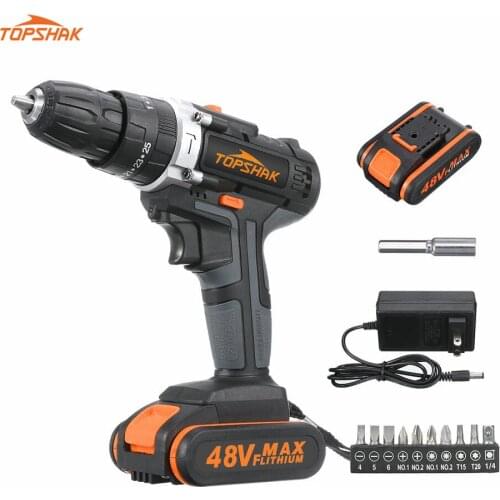 TOPSHAK TS-ED1 Cordless Electric Impact Drill Rechargeable Drill Screwdriver W/1 or 2 Li-ion Battery and 1 Set Of Drill Heads