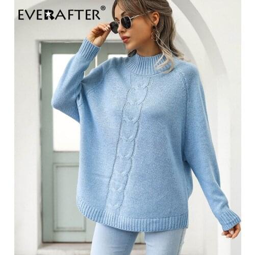 EVERAFTER Autumn Winter Womens Blue Sweater Casual Crochet Knitted Pullover Solid O-Neck Long Sleeve Ladies Sweater Dropshipp