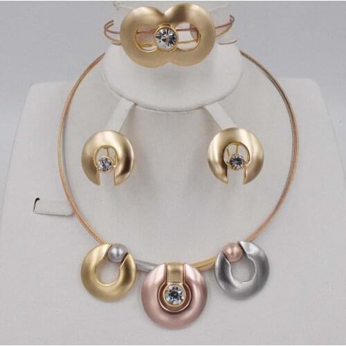 Geometric Jewelry Set For Woman Gold Color Long Necklace Pendant Crystal Earrings Wedding Beads Fashion Jewelry Gift