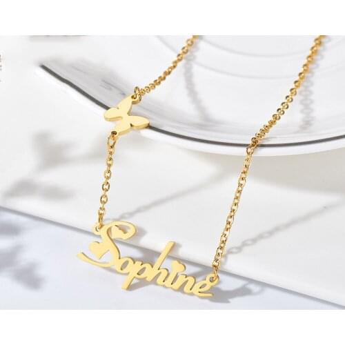 HUHUI Custom Name Necklace With Butterfly Pendant Personalized Nameplate Stainless Steel Choker Women Jewelry Anniversary Gift