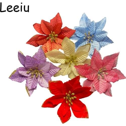 Leeiu 6pcs Artificial Flowers 13CM Glitter Fake Flowers Christmas Tree Ornaments For Home Wedding Valentines Day Decorations