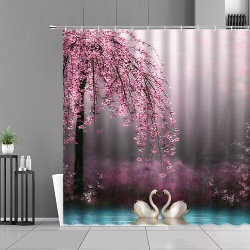 Oil Painting Scenery Shower Curtains White Swan Pink Flower Green Plant Leaf Spring Landscape Waterproof Bathroom Curtain Hooks