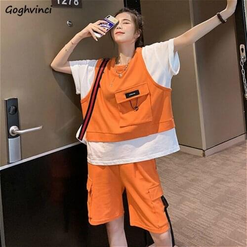 Sets Women Oversize 4XL Chic Harajuku Patchwork Teens Top High Street Outfits Cargo Leisure Summer BF Style Femme Workout Shorts