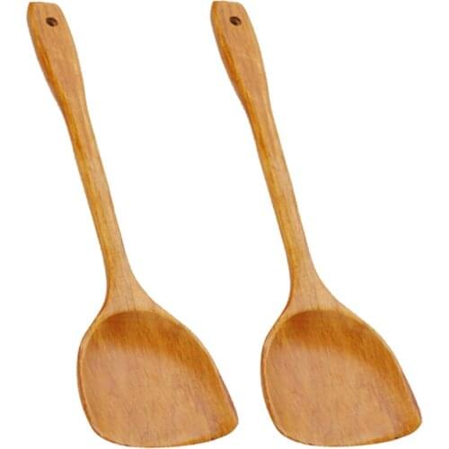 2pcs Wooden Long Handle Spade Anti-scalding Wood Non-Stick Spatula Shovel Kitchen Utensils Accessories
