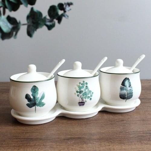 4 piece Set Jar Ceramic Seasoning Jar With Tray Nordic Plant Seasoning Box Set Combination Kitchen Supplies Household Seasoning
