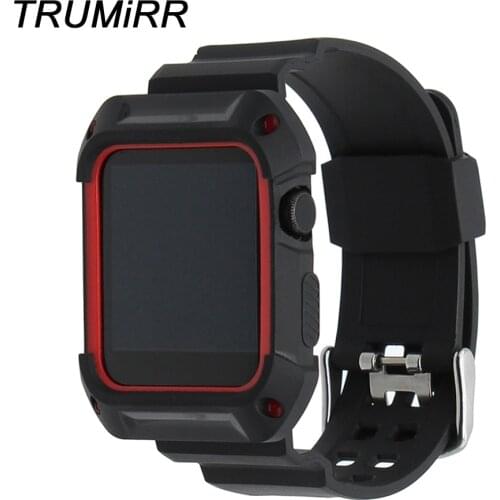 TPU Rubber Watchband with Protective Case for 38mm 42mm iWatch Apple Watch Band Wrist Strap Bracelet with Frame Black Red White