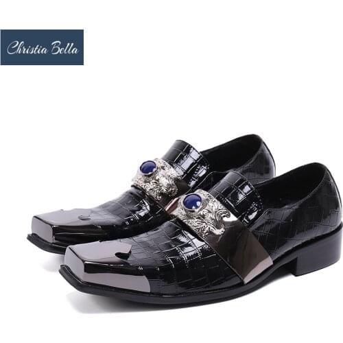 Christia Bella Luxury Metal Charm Formal Men Leather Shoes Fashion Square Toe Party Dress Shoes Business Office Male Shoes Black