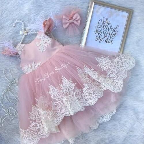 Blush Pink Baby Girls First Communication Dresses Children Girls White Lace Applique Pink Christening Dresses Custom