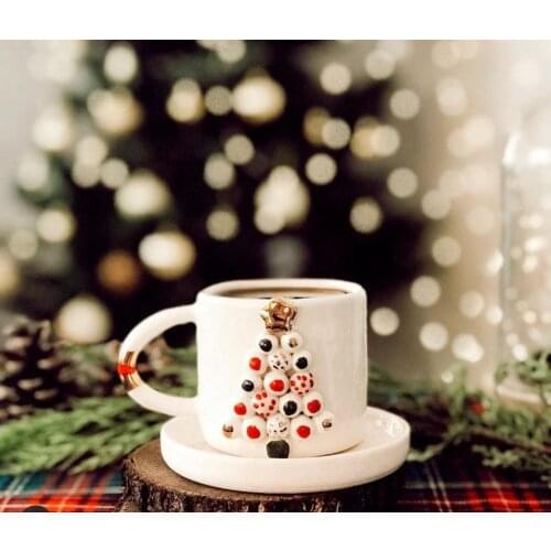 Handmade Coarse Pottery Ceramic Christmas Coffee Cup Saucer Creative High Quality and Saucer New Year Birthday gift