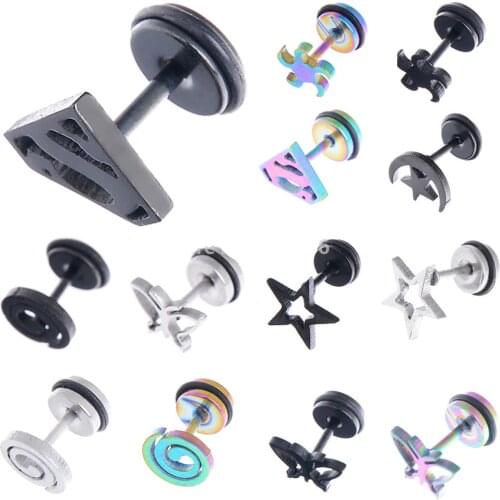 2PCS Gothic Faux Star Ear Plug Stainless Steel Mens Ear Stud Screw Black Skull Earrings Piercing jewelry Wholesale