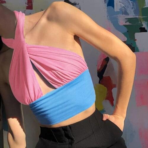 SEASONS Summer Blue Halter Neck Crop Top Women V Neck Backless Beach Green Patchwork Casual Sleeveless Sexy Tank Tops ASVE83056