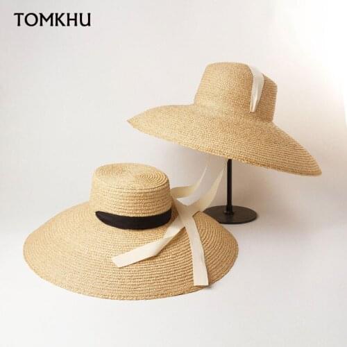 European American Catwalk New Style Flat Top Big Brim Hand-woven Raffia Sun Hat Female Beach Bonnet Enfant Anti-UV High Quality