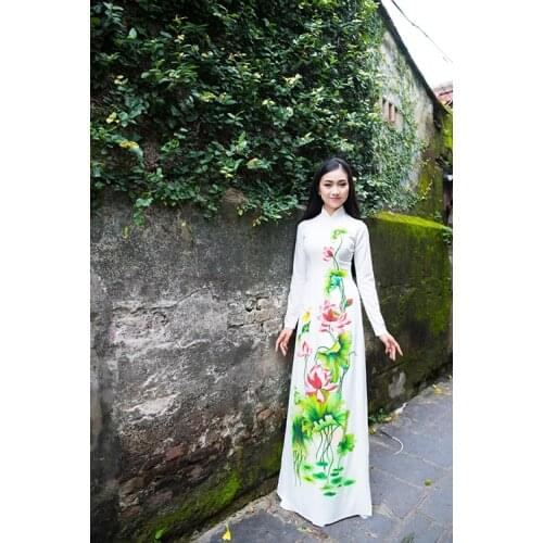 Hand-painted lotus tailored aodai vietnam clothing cheongsam aodai vietnam dress vietnamese traditionally dress long sleeves