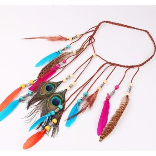 Bohemian Style Indian Feather Headband Headdress Hair Rope Headwear Tribal Hippie Handmade Hair Accessories for Women 03