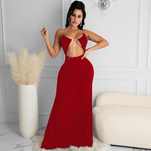VAZN 2021 Top Quality Hollow Out Sexy Club Open Solid Young Halter Sleeveless High Waist Women High Waist A-Line Dress