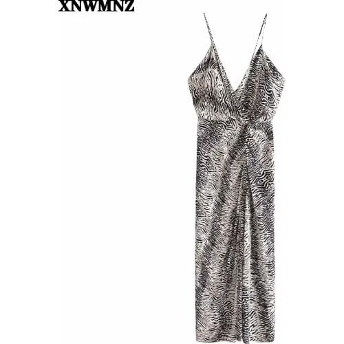 XNWMNZ 2021 Print Black Thin Straps Summer Dress Women Sleeveless V Neck Sexy Midi Sundress Ruched Woman Vintage Dresses
