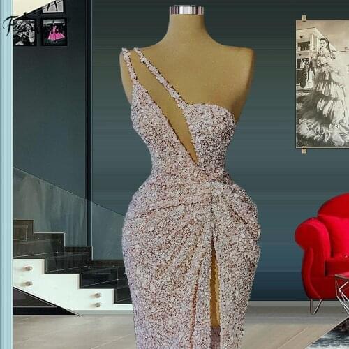 Robes De Soiree Pink Evening Dress 2021 One Shoulder Sexy Mermaid High Slit Beaded Sequined African Women Formal Evening Gowns