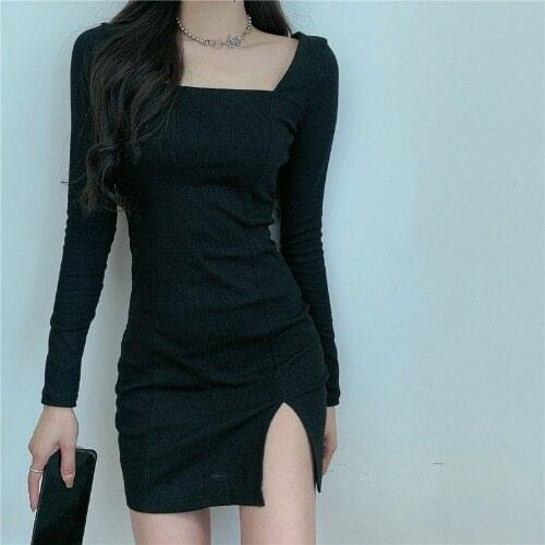 Womens Spring Autumn Style Dress Womens Long Sleeve Solid Color Square Neck Elegant Casual Sexy Dress LN48