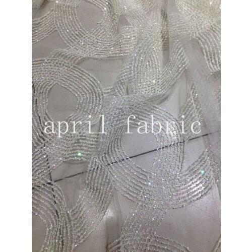 5yards HLL075 cream white circle glitter hand print african india mesh fabric for wedding/evening dress fast shipping by dhl