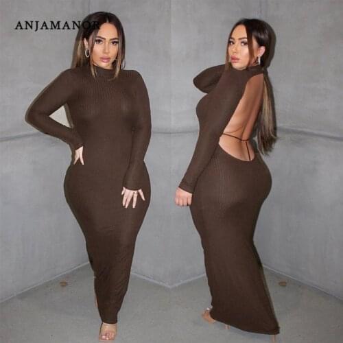 ANJAMANOR Sexy Open Back Long Sleeve Maxi Dress Valentines Day Outfit Women Knitted Bodycon Dresses Party Clubwear D70-CF33