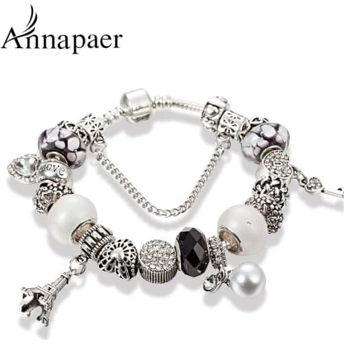 ANNAPAER Heart Charm Bracelet for Women Black Glass Beads and Eiffel Tower Charm fit Diy Bracelet Jewelry B17055