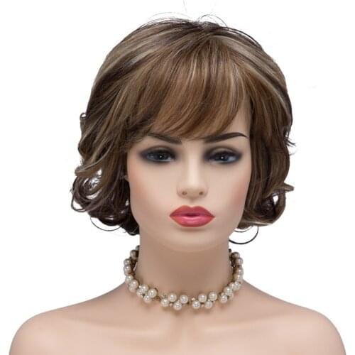 BESTUNG Short Fluffy Heat Resistant Wavy Wigs for Women Brown Blonde with Side Bangs Natural Looking Synthetic Hair Wigs
