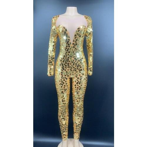 Sparkly Gold Red Mirror Transparent Jumpsuit Birthday Celebrate Prom Party Outfit Women Bar Dancer Outfit