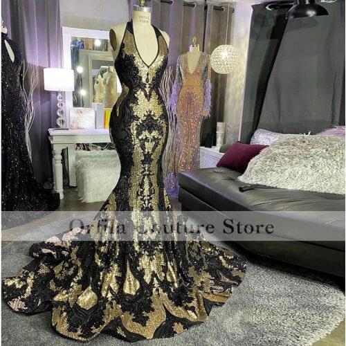 Long Mermaid Nlack Sequins Arabic Evening Dress 2021 Robes De Soiree Longue Prom Dress Abendkleider 2021 Lang