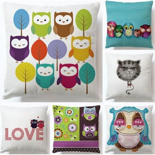 Home Textile 45*45CM Linen color Printed Cartoon owl Square Sofa Car Pillow Case Pillowcase Cushion Cover 2pc/lot