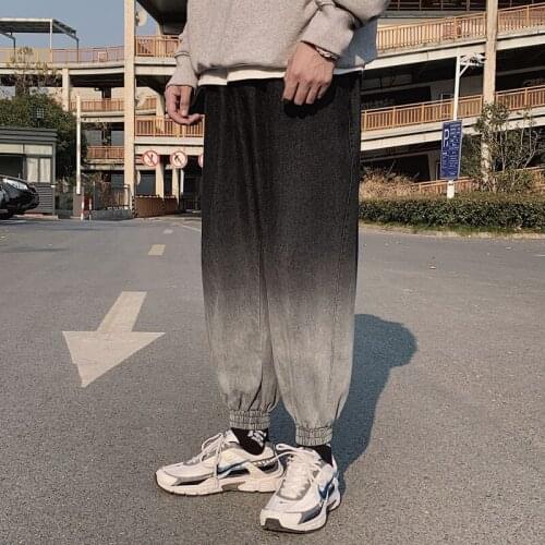 Jeans mens spring 2021 new loose trend casual plus size beam feet gradient color youth nine-point pants