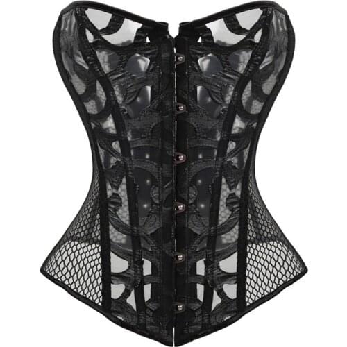 Faux Leather Mesh Corset Plus Size Gothic Corset and Bustier Elastic Net Hollow Out Flowers Design Buckles Closure corselet 8124