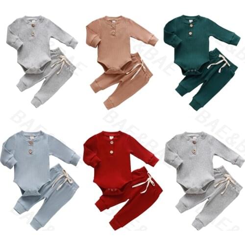 2PCS Autumn Newborn Baby Boys Girls Long Sleeve O-neck Romper Pants Leggings Toddler Infant Ribbed Knitted Outfits Clothes Sets