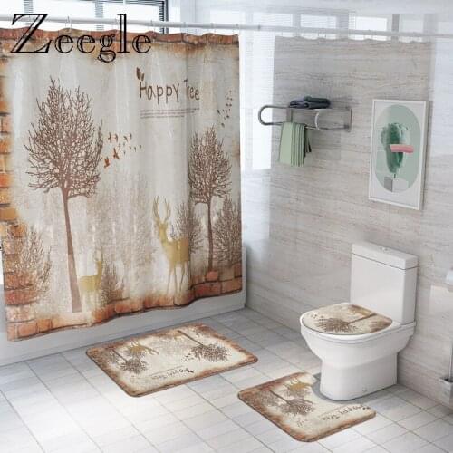 Happy Tree Printed Carpet Shower Curtain Bathroom Mat Anti Slip Bath Mat Set Waterproof Bathroom Curtain Accessories for Toilet
