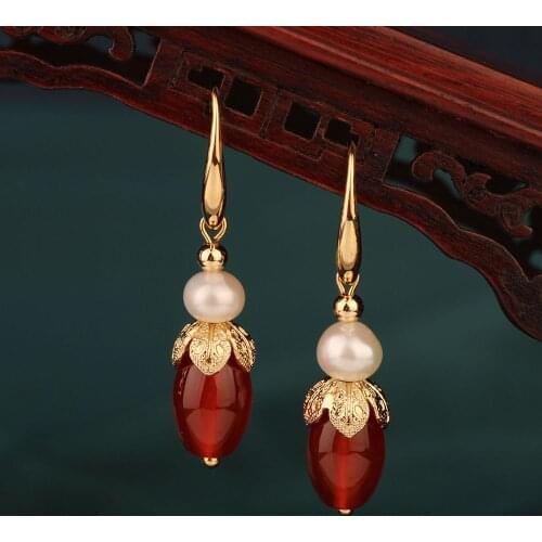 Fashion Ethnic Freshwater pearls Dangle Earrings vintage Chinese style Red stone flower drop womens earrings jewelry for women