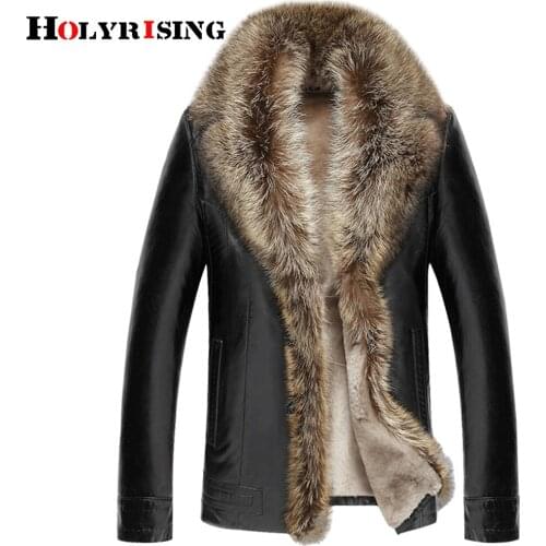 6XL size Real Raccoon Fur Collar Men Faux Leather Jackets Winter Thicken Coat jaqueta de couro men fur coat leather coat 19489