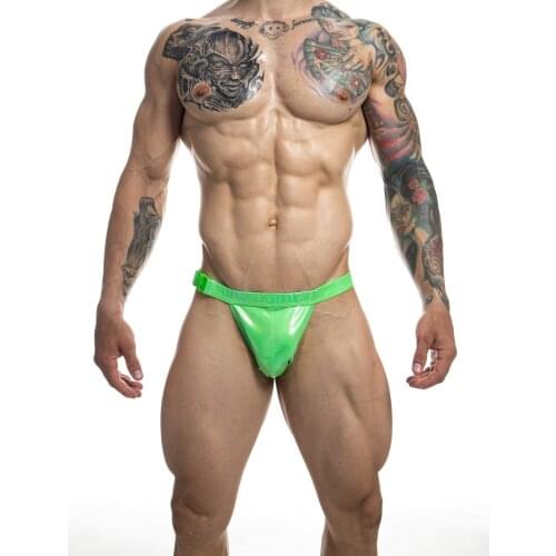 Buckle Up Mens Metallic Faux Leather Bikini Brief Beach Swimsuit Club Wear