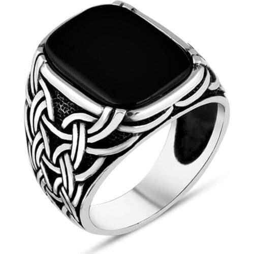 925 Sterling Silver Rectangular Black Onyx Stone Mens Ring with Knitted Pattern Exclusive Ring with Onyx Gemstone
