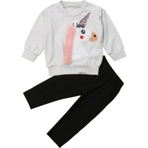 Pudcoco 2019 Newly Toddler Baby Girls Lovely Causal Clothes 2PCS Cartoon Print Long Sleeve Pullover Grey Tops+Black Pants 6M-5Y