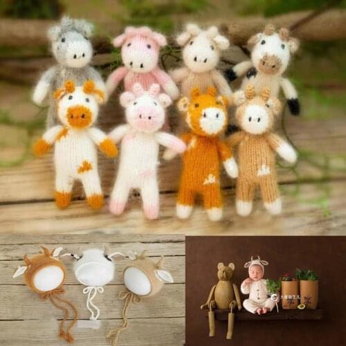Newborn Photography Props Doll Baby Photo Props Knitted Cow Doll Toy Baby Hat photo shoot studio
