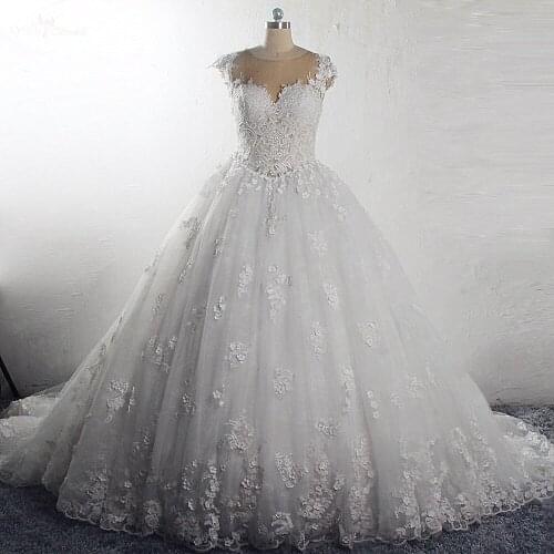 RSW796 Luxury Pearls Beaded Lace 3D Floral Illusion Back Robe De Mariee 2020 Ball Gown Wedding Dress